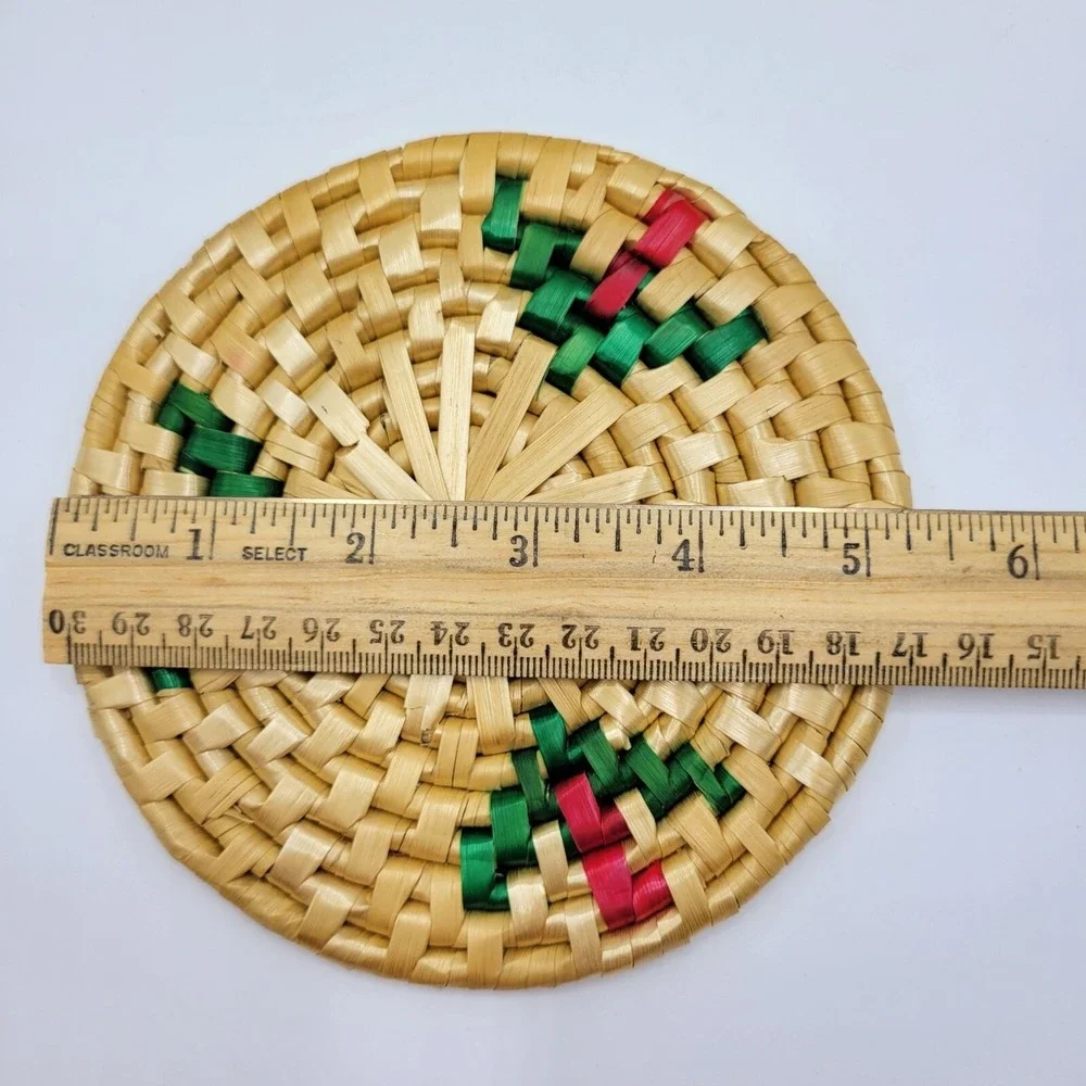 Handwoven Straw Rattan Trivet Set With Storage Basket Natural Multicolor Design